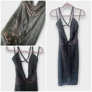 Cherry Mellow black lace midi dress with low cut and bodysuit underneath